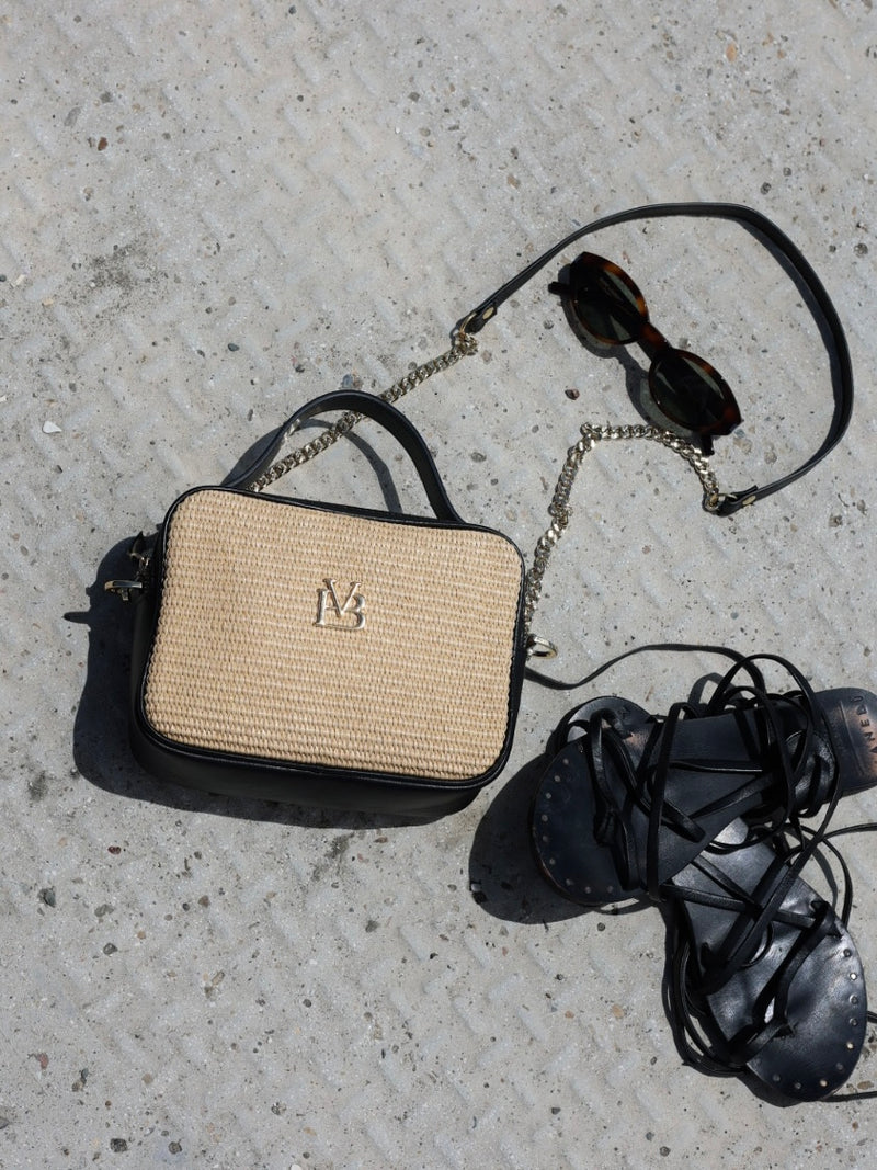 BOLSO PALM NEGRO en RAFIA Y PIEL