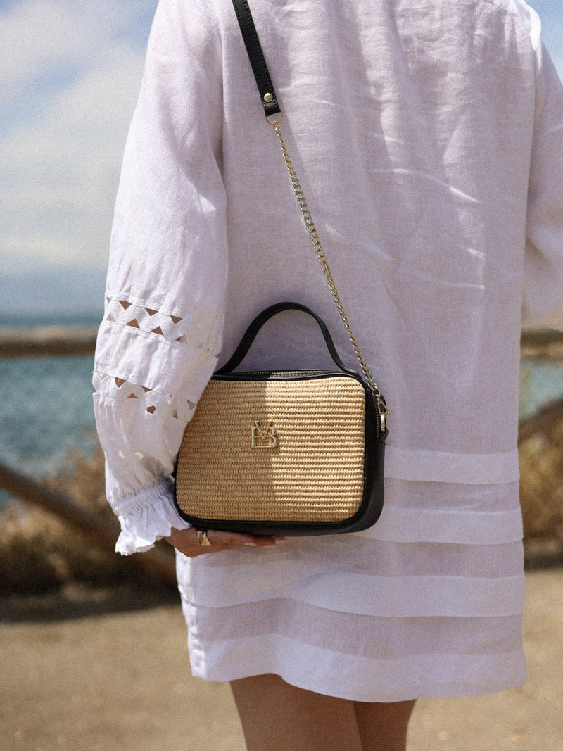 BOLSO PALM NEGRO en RAFIA Y PIEL – Vera Blonde